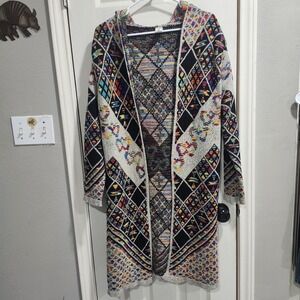 Pinklicious Hooded Cardigan Sweater M Colorful Boho Aztec Long Duster